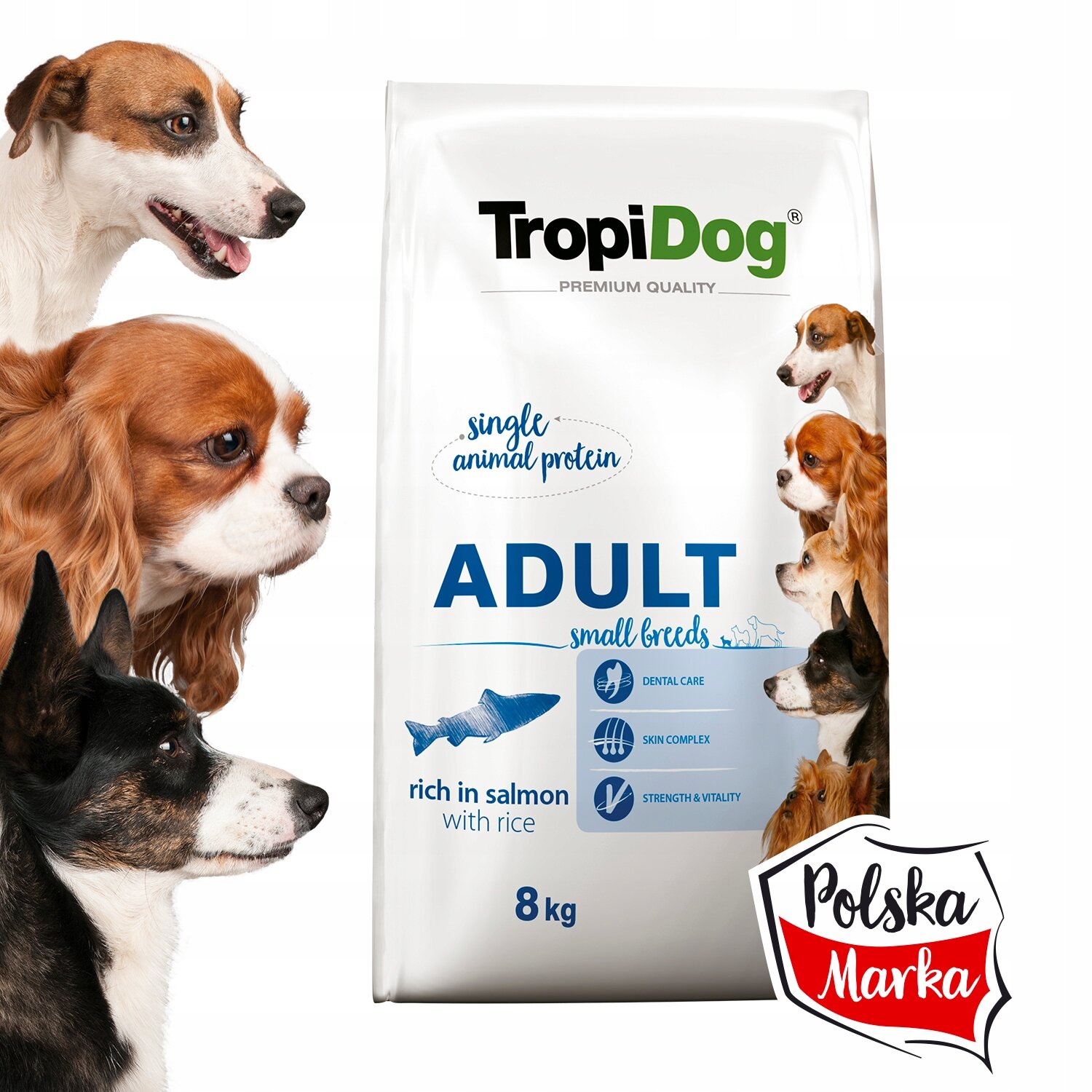 Opakowanie karmy dla psów z napisem \'TropiDog Premium Quality ADULT small breeds rich in salmon with rice 8 kg\'. Widoczne są również ilustracje psów oraz logo \'Polska Marka\'.