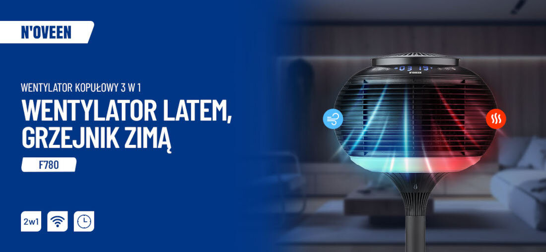 Obraz przedstawia wentylator kopułowy z funkcją grzejnika, z napisem \'WENTYLATOR LATEM, GRZEJNIK ZIMĄ\'. Widoczne są ikony symbolizujące funkcje chłodzenia i grzania oraz oznaczenie modelu F780.