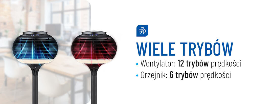 Obraz przedstawia dwa wentylatory z efektem świetlnym, jeden niebieski, drugi czerwony. Obok znajduje się tekst: \'WIELE TRYBÓW\', \'Wentylator: 12 trybów prędkości\', \'Grzejnik: 6 trybów prędkości\'.