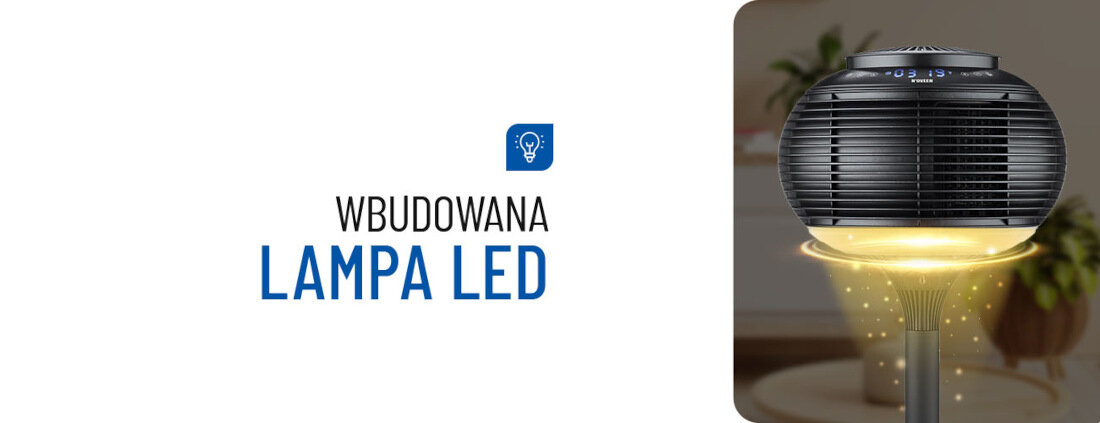 Obraz przedstawia wentylator z wbudowaną lampą LED, emitującą żółte światło. Obok znajduje się napis \'WBUDOWANA LAMPA LED\' oraz ikona żarówki.