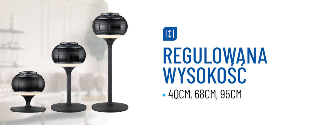 Obraz przedstawia trzy wentylatory o różnej wysokości na tle wnętrza mieszkania. Obok znajduje się tekst: \'REGULOWANA WYSOKOŚĆ 40CM, 68CM, 95CM\'.