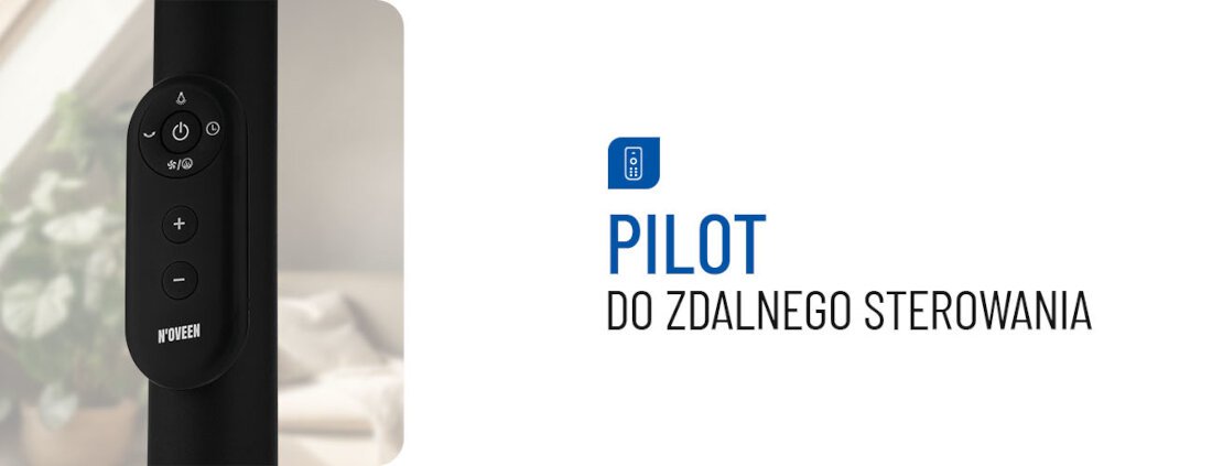 Obraz przedstawia czarny panel sterowania z kilkoma przyciskami i logo \'NOVEEN\'. Obok znajduje się tekst: \'PILOT DO ZDALNEGO STEROWANIA\'.