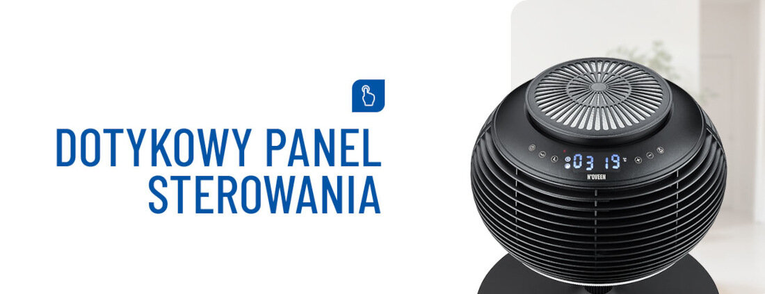 Obraz przedstawia czarny wentylator z dotykowym panelem sterowania, na którym widoczny jest wyświetlacz z cyframi \'03\' i \'19\'. Obok znajduje się napis \'DOTYKOWY PANEL STEROWANIA\'.