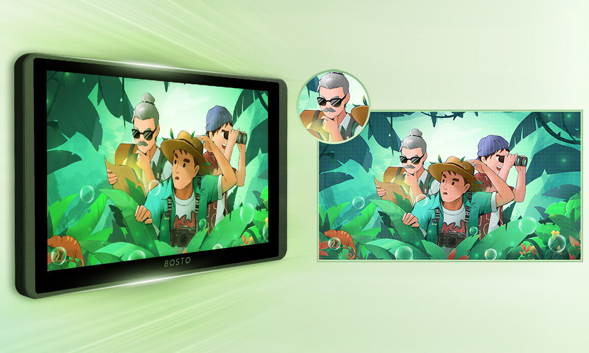 Obraz przedstawia tablet graficzny z wyświetlaczem, na którym widoczna jest ilustracja trzech postaci w dżungli. Na tablecie znajduje się logo \'BOSTO\'.