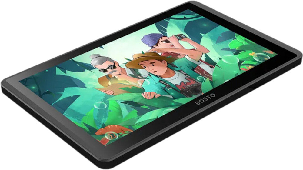Tablet graficzny z wyświetlaczem, na którym widoczna jest kolorowa ilustracja przedstawiająca postacie w dżungli. Na obudowie znajduje się logo \'BOSTO\'.
