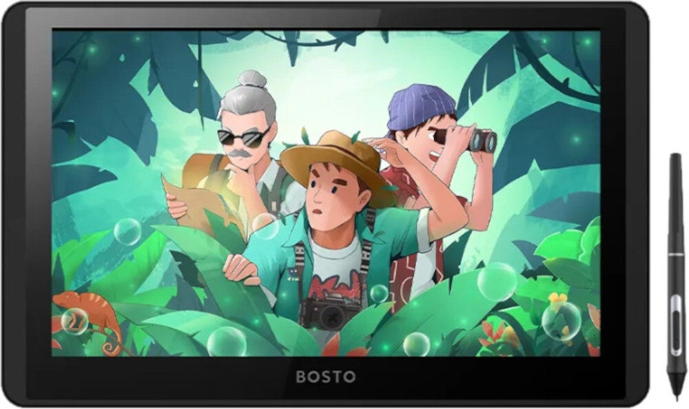 Tablet graficzny z ekranem wyświetlającym ilustrację trzech postaci w dżungli, z logo \'BOSTO\' na ramce. Obok tabletu znajduje się rysik.