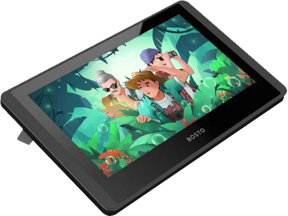 Tablet graficzny z wyświetlaczem przedstawiającym kolorową ilustrację trzech postaci w dżungli. Na obudowie widoczne jest logo \'BOSTO\'.