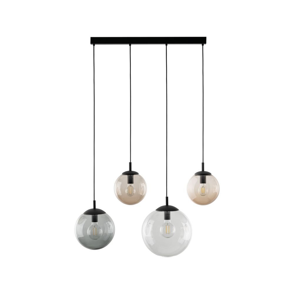 Lampa wisząca z czterema kulistymi kloszami w różnych kolorach, zawieszona na czarnych przewodach. Każdy klosz posiada widoczną żarówkę wewnątrz.