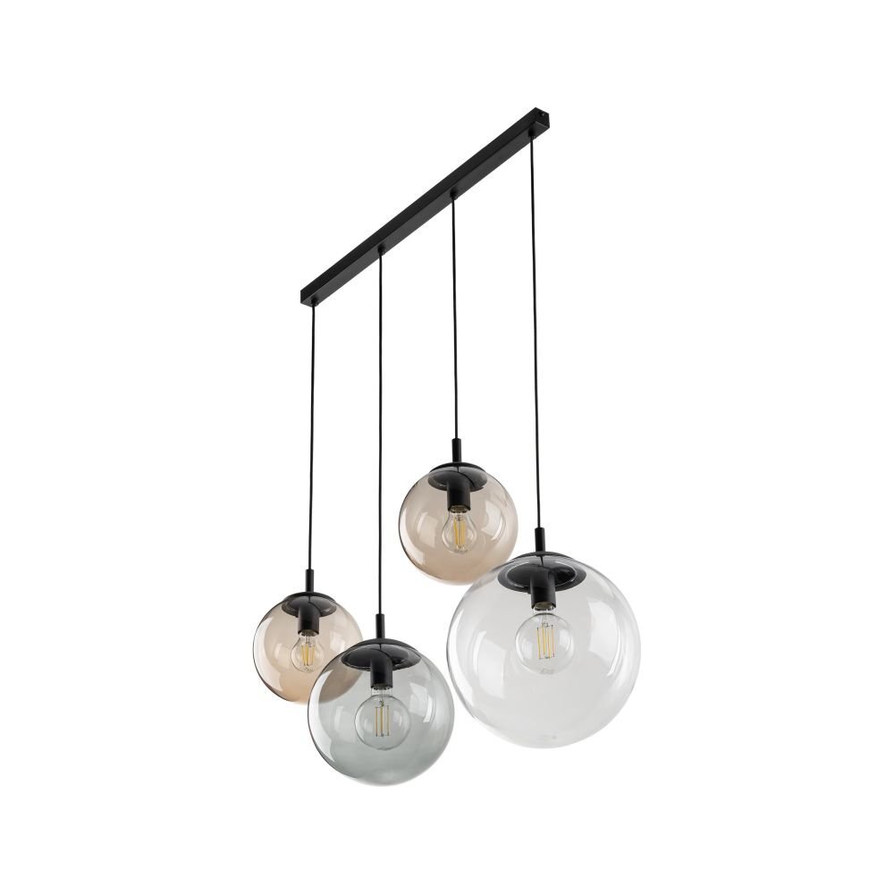 Lampa wisząca z czterema kulistymi kloszami w różnych kolorach, zawieszona na czarnym prostokątnym uchwycie. Każdy klosz posiada widoczną żarówkę wewnątrz.