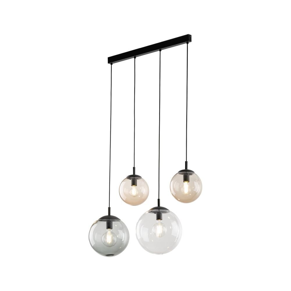 Lampa wisząca z czterema kulistymi kloszami w różnych kolorach, zawieszona na czarnym prostokątnym uchwycie. Każdy klosz posiada widoczną żarówkę wewnątrz.