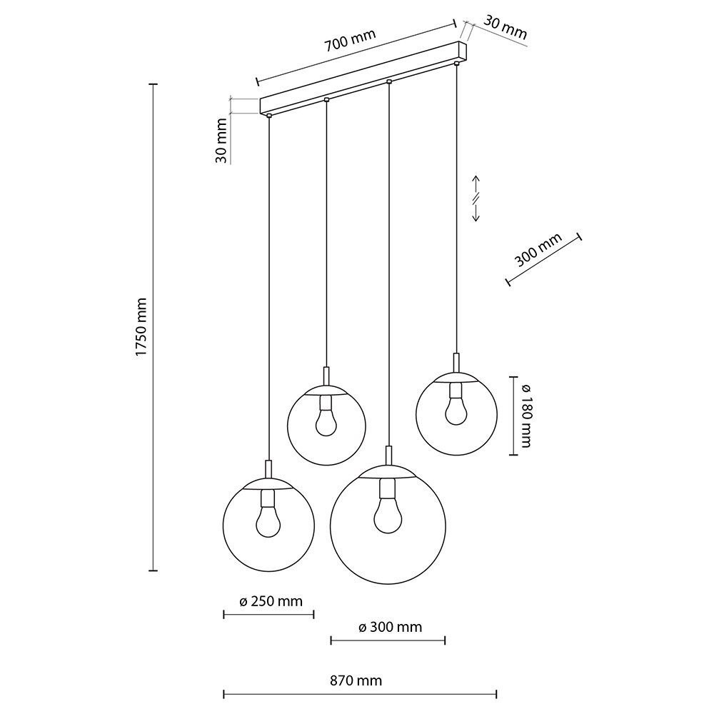 Schemat lampy wiszącej z czterema żarówkami w kulistych kloszach, z wymiarami: wysokość całkowita 1750 mm, szerokość 870 mm, średnica kloszy 250 mm i 300 mm. Widoczne są również wymiary elementów montażowych: 700 mm i 30 mm.
