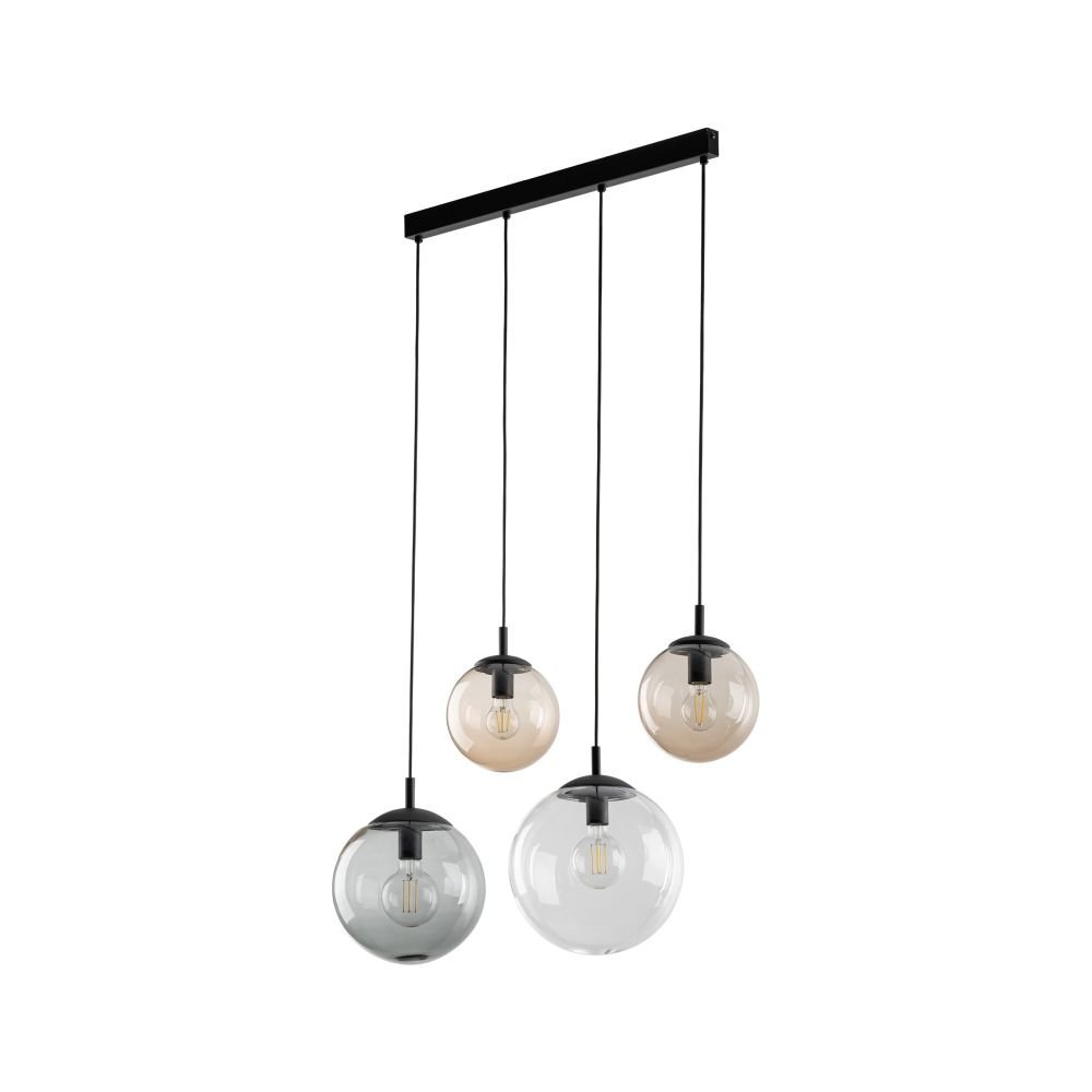 Lampa wisząca z czterema kulistymi kloszami w różnych kolorach, zawieszona na czarnym prostokątnym uchwycie. Każdy klosz posiada widoczną żarówkę wewnątrz.