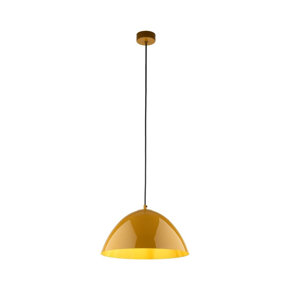Lampa wisząca w kolorze ochry z półkulistym kloszem i czarnym przewodem. Element mocujący do sufitu jest również w kolorze ochry.