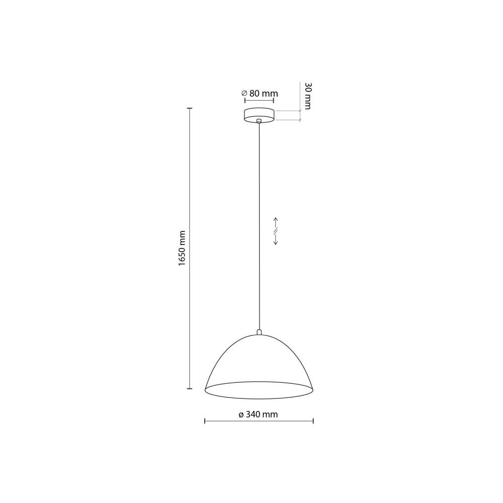 Schematyczny rysunek lampy wiszącej z regulowaną wysokością, z wymiarami: wysokość 1650 mm, średnica klosza 340 mm, średnica mocowania 80 mm, wysokość mocowania 30 mm.