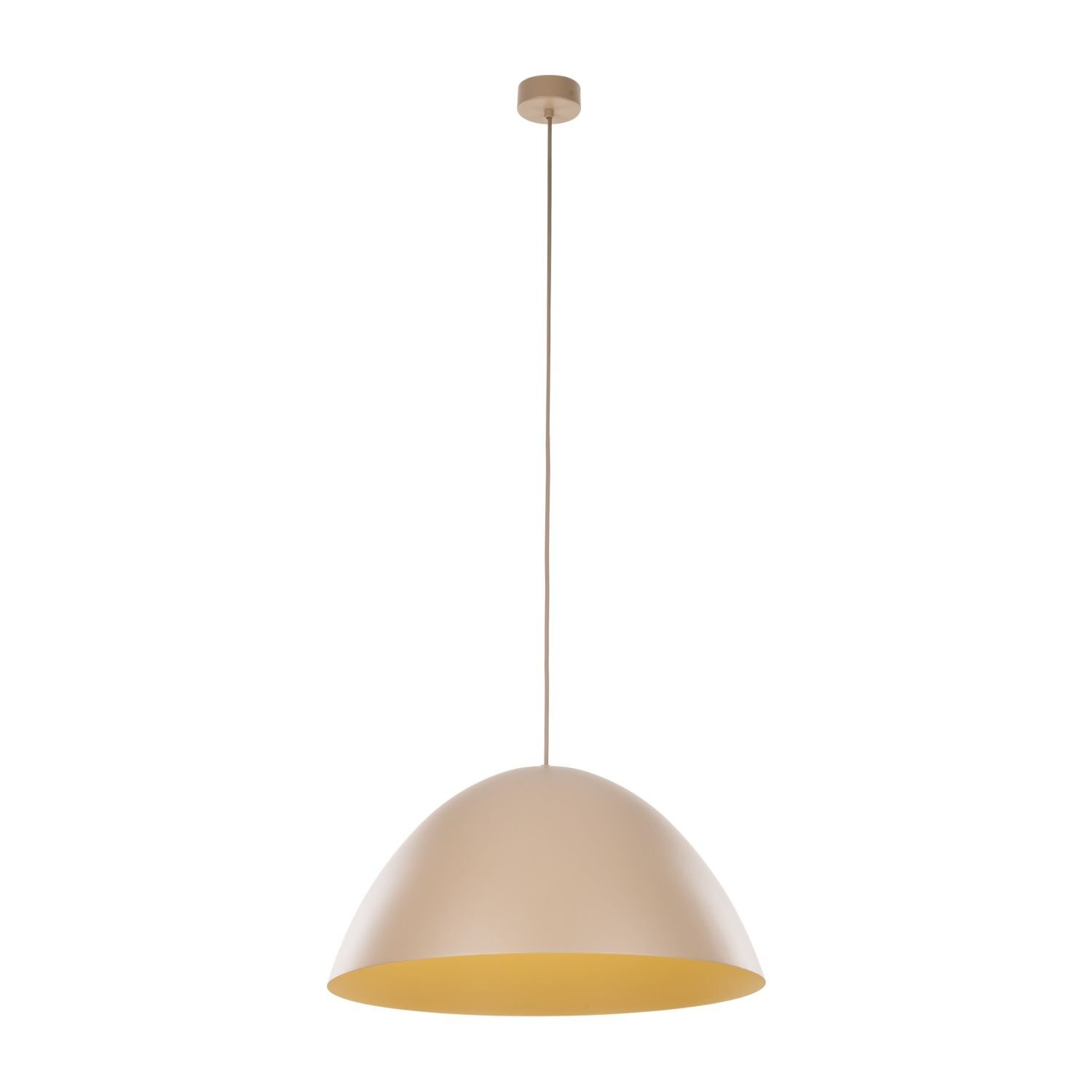 Na obrazie widoczna jest beżowa lampa wisząca o półkulistym kształcie, zawieszona na cienkim przewodzie. Lampa ma gładką powierzchnię i jednolity kolor.