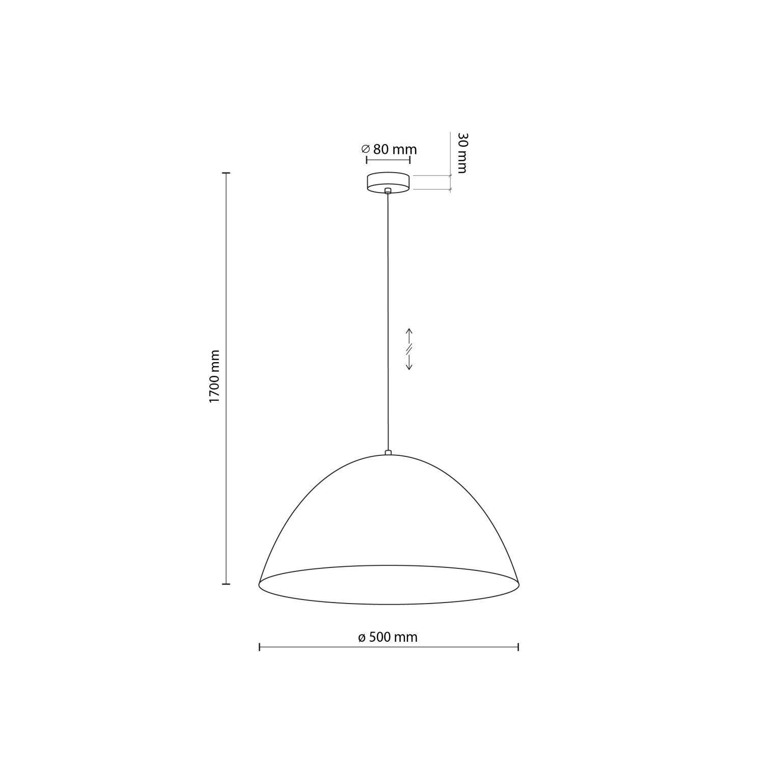 Schemat lampy wiszącej z wymiarami: średnica klosza 500 mm, długość kabla 1700 mm, średnica mocowania sufitowego 80 mm, wysokość mocowania 30 mm.