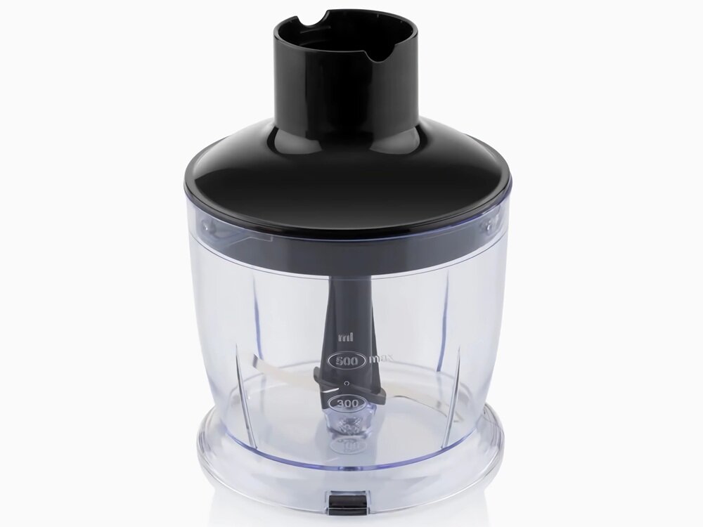 Przezroczysty pojemnik z czarną pokrywą, wewnątrz widoczne ostrze i miarka z oznaczeniami 300 ml i 600 ml.