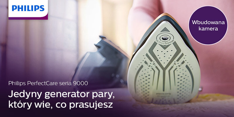 Obraz przedstawia stopę żelazka z widocznym napisem \'ActiveSense\' oraz logo PHILIPS w lewym górnym rogu. Tekst na obrazie: \'Philips PerfectCare seria 9000 Jedyny generator pary, który wie, co prasujesz\' oraz \'Wbudowana kamera\'.