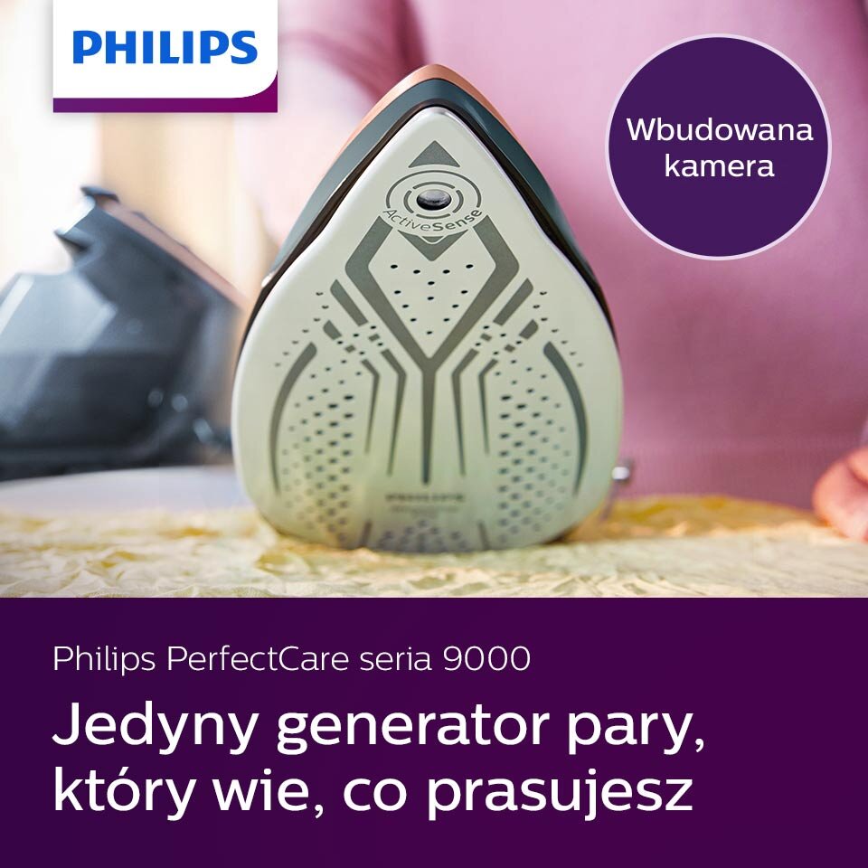 Zdjęcie przedstawia stopę żelazka z widocznym napisem \'ActiveSense\' oraz okrągłym elementem przypominającym kamerę. Na dole znajduje się tekst: \'Philips PerfectCare seria 9000 Jedyny generator pary, który wie, co prasujesz\'.