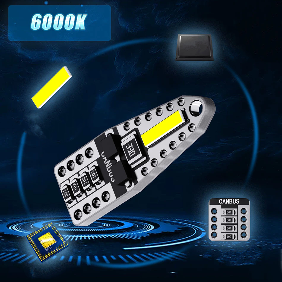 Obraz przedstawia żarówkę LED z oznaczeniem \'CANBUS\' i napisem \'6000K\' na niebieskim tle. W tle widoczne są elementy elektroniczne i futurystyczny wzór.