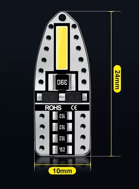 Obraz przedstawia żarówkę LED z oznaczeniami: 390, ROHS, CE oraz wymiarami 24mm i 10mm. Widoczne są również elementy elektroniczne z oznaczeniami 152 i 162.