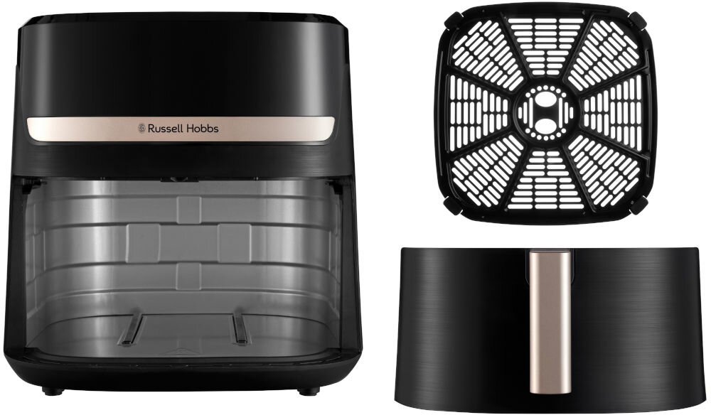 Czarna frytkownica beztłuszczowa z logo \'Russell Hobbs\' na przedniej części, z widocznym wnętrzem i wyjmowanym koszem. Obok znajduje się pokrywa z uchwytem i kratkowanym wzorem.