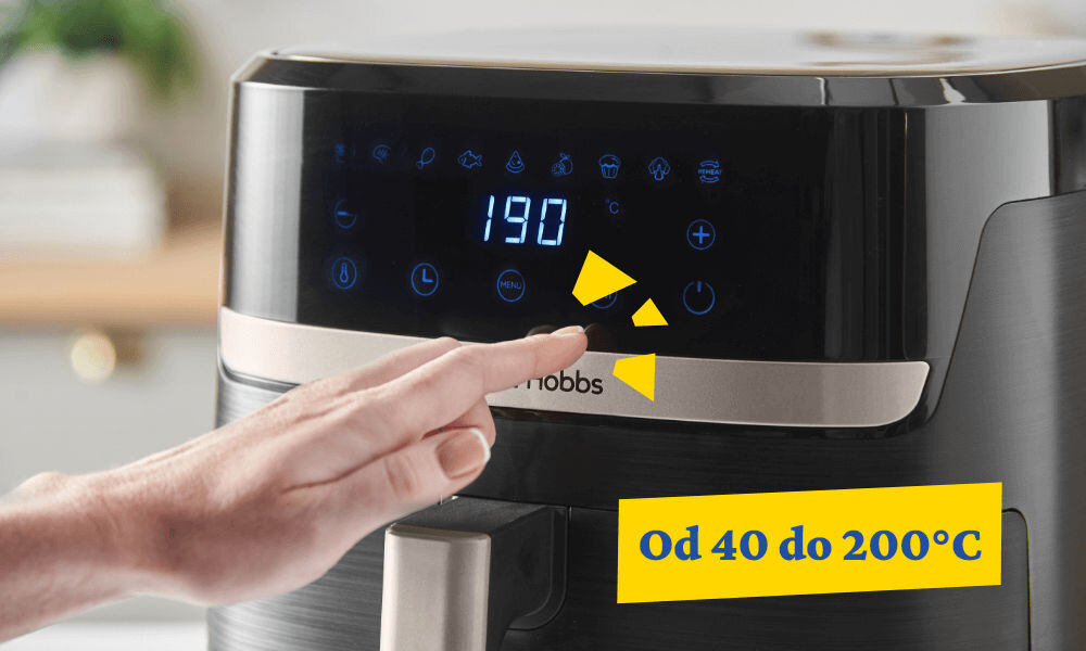 Osoba dotyka panelu sterowania frytkownicy beztłuszczowej z wyświetlaczem pokazującym temperaturę 190. Na żółtym tle widnieje napis \'Od 40 do 200°C\'.