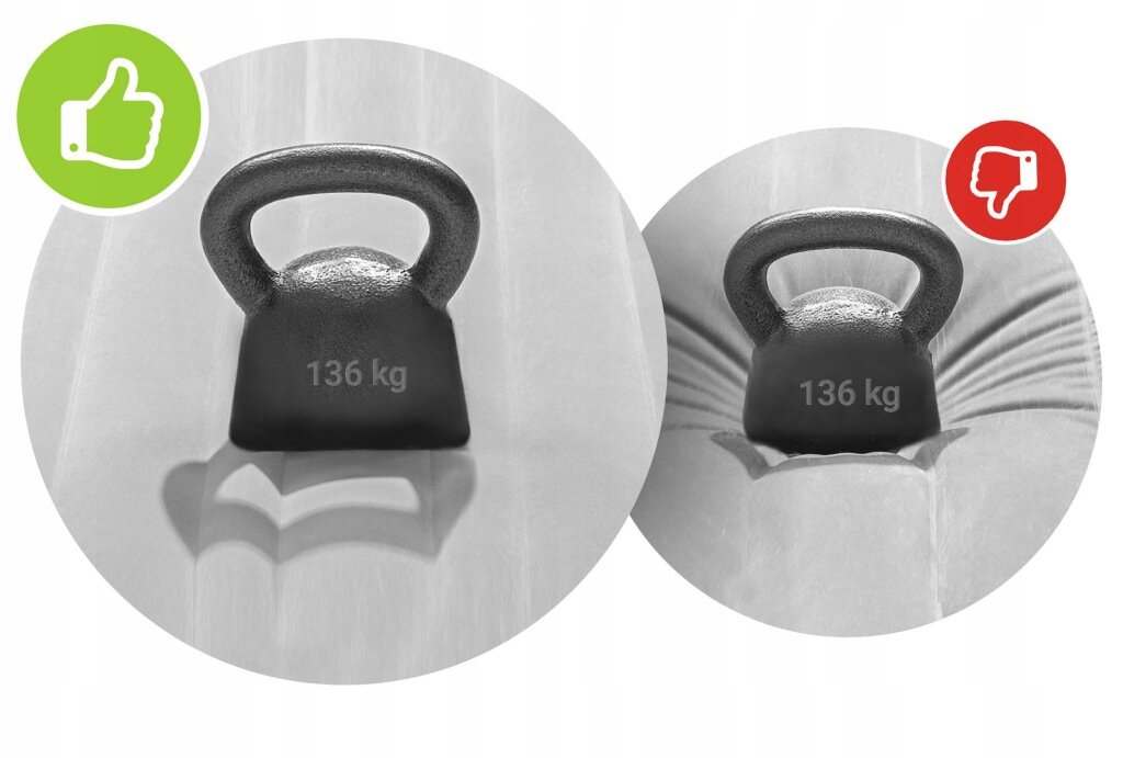 Obraz przedstawia dwa okrągłe zdjęcia z ciężarkiem 136 kg na materacu. Po lewej stronie znajduje się zielona ikona kciuka w górę, a po prawej czerwona ikona kciuka w dół.