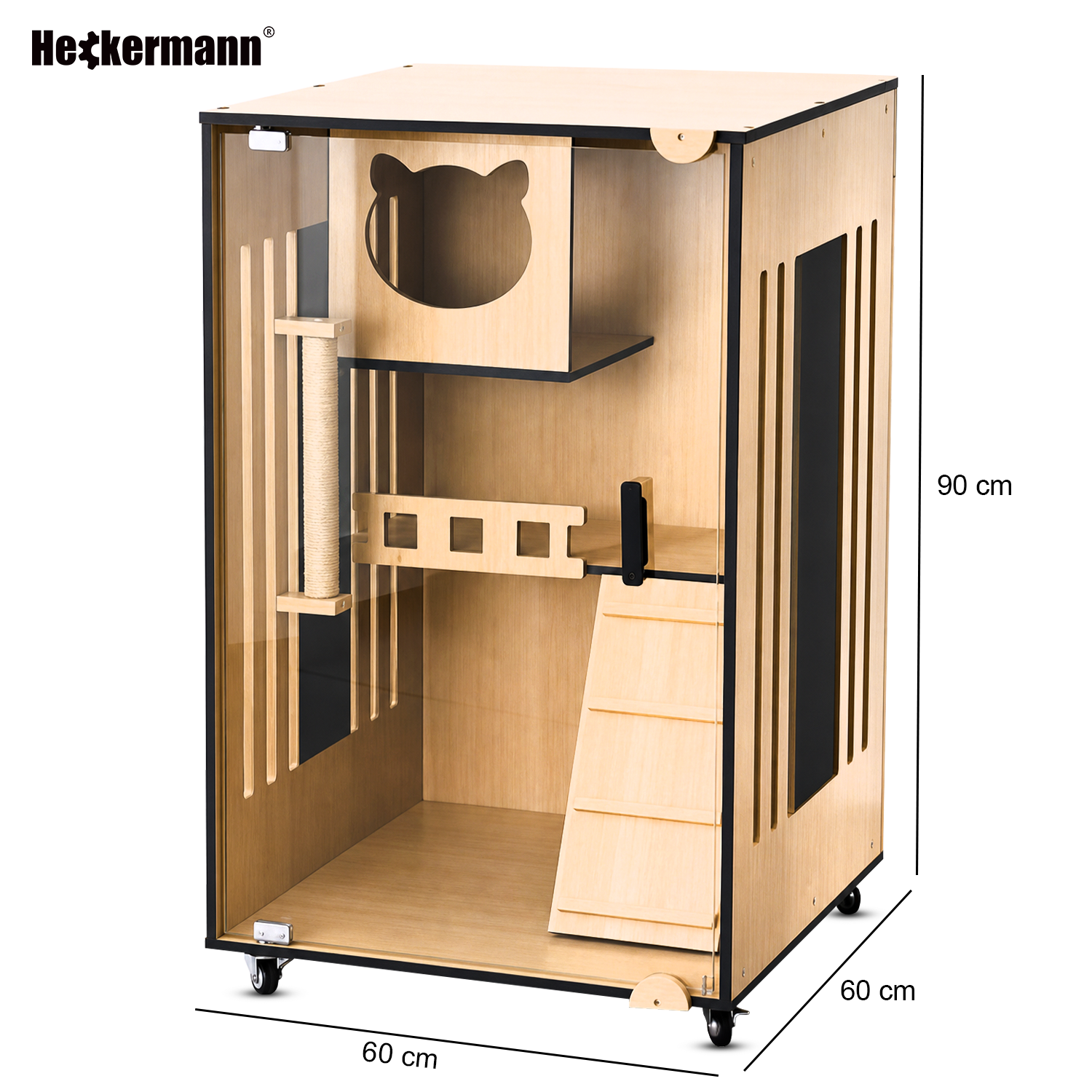 Domek dla kota wykonany z jasnego drewna z wycięciem w kształcie głowy kota, wyposażony w drapak, półkę i rampę. Wymiary to 60x60x90 cm, a na górze widoczne jest logo Heckermann.