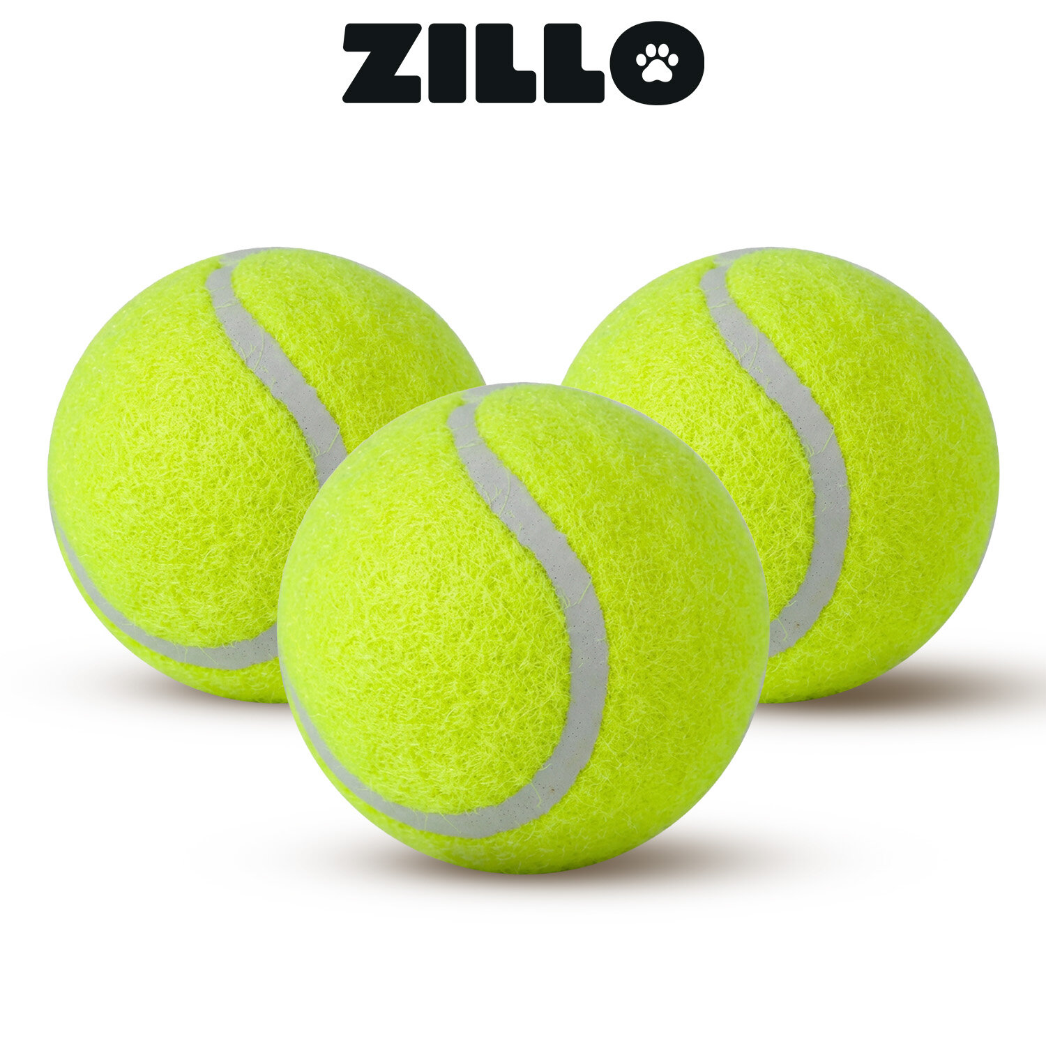 Trzy żółte piłki tenisowe z szarymi liniami na białym tle. Nad piłkami widoczne jest logo \'ZILLO\'.