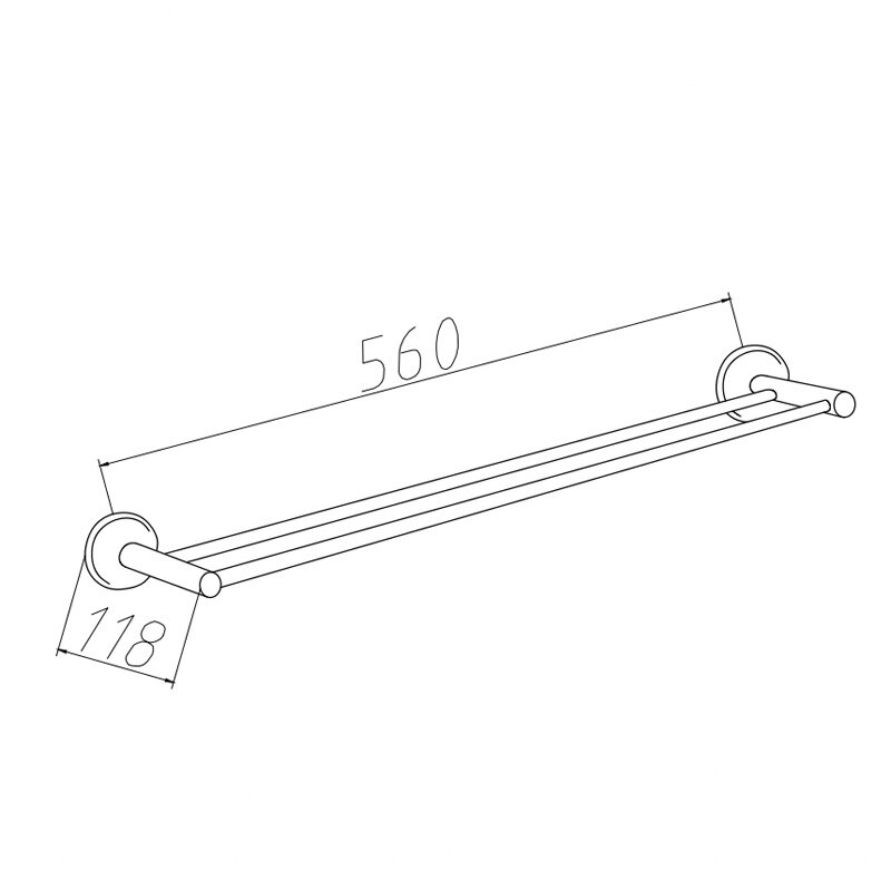 Schematyczny rysunek wieszaka łazienkowego z wymiarami 560 mm i 118 mm.