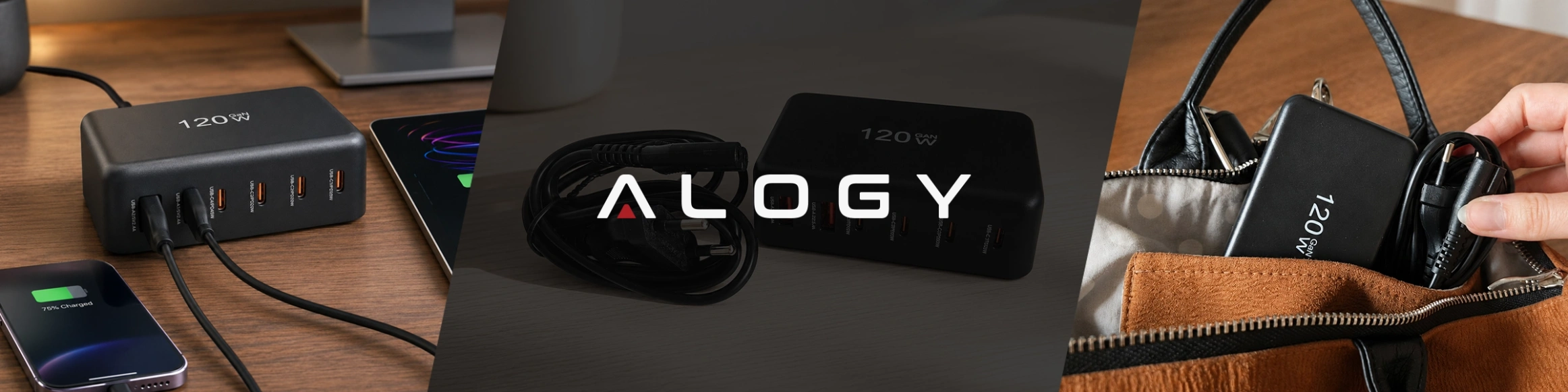 Obraz przedstawia czarną ładowarkę biurkową z napisem \'120W\' oraz \'GAN\', posiadającą kilka portów USB-C i USB-A. W tle widoczne jest logo \'ALOGY\'.