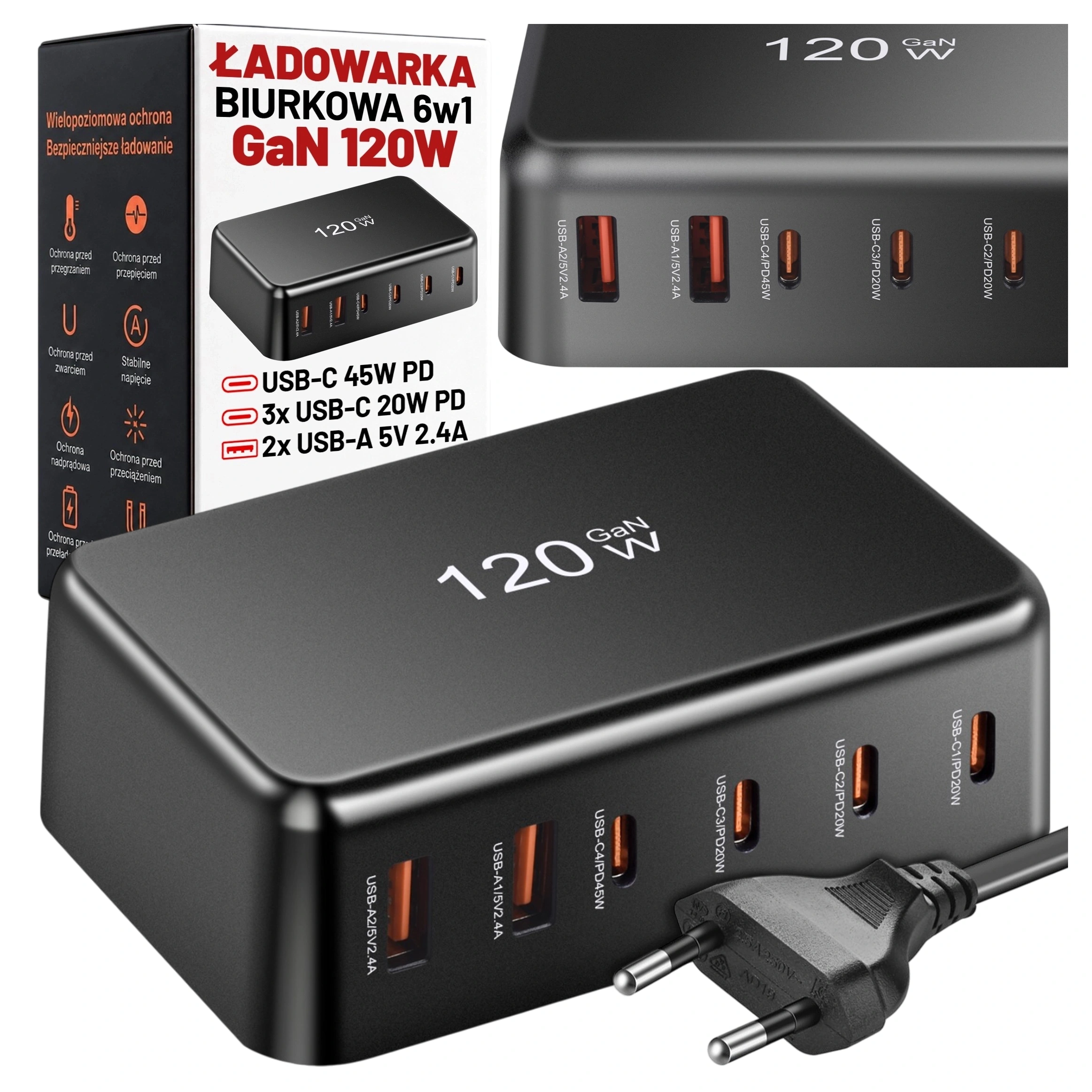 Czarna ładowarka biurkowa z sześcioma portami: 4x USB-C i 2x USB-A, oznaczona jako 120 GaN W. Obok znajduje się opakowanie z napisem \'ŁADOWARKA BIURKOWA 6w1 GaN 120W\' oraz specyfikacją portów i funkcji ochronnych.