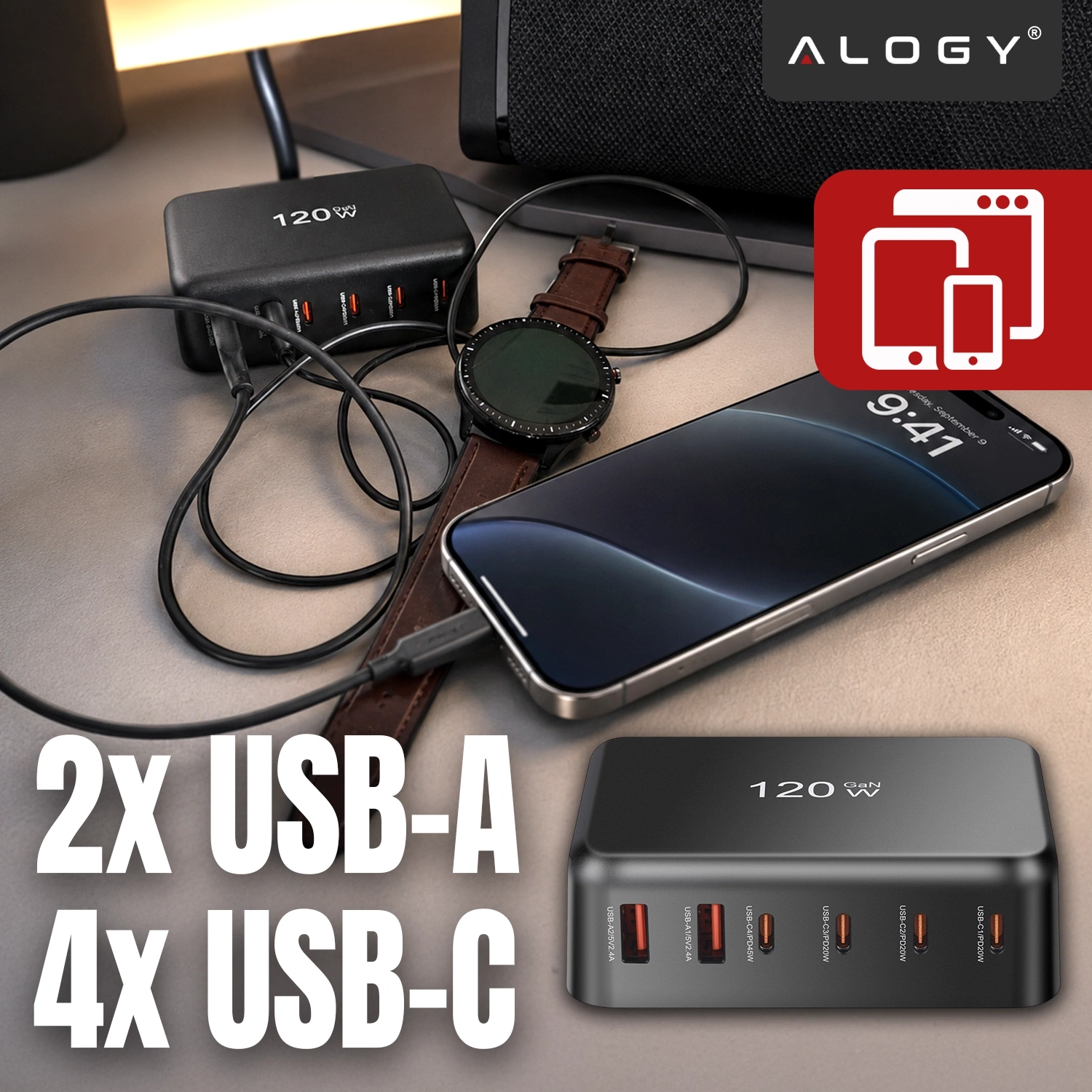 Na obrazie widoczna jest czarna ładowarka z sześcioma portami: czterema USB-C i dwoma USB-A, z oznaczeniem \'120W\'. Obok ładowarki znajdują się smartfon, zegarek i logo \'ALOGY\'.