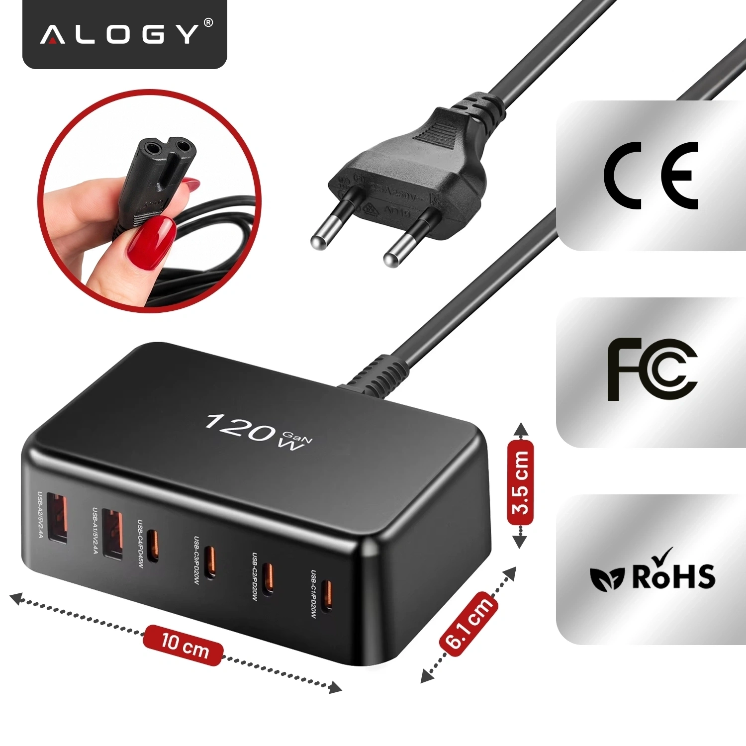 Czarna ładowarka biurkowa z sześcioma portami: czterema USB-C i dwoma USB-A, oznaczona jako 120W GaN. Obok widoczne są certyfikaty CE, FCC i RoHS oraz wymiary urządzenia: 10 cm x 6.1 cm x 3.5 cm.