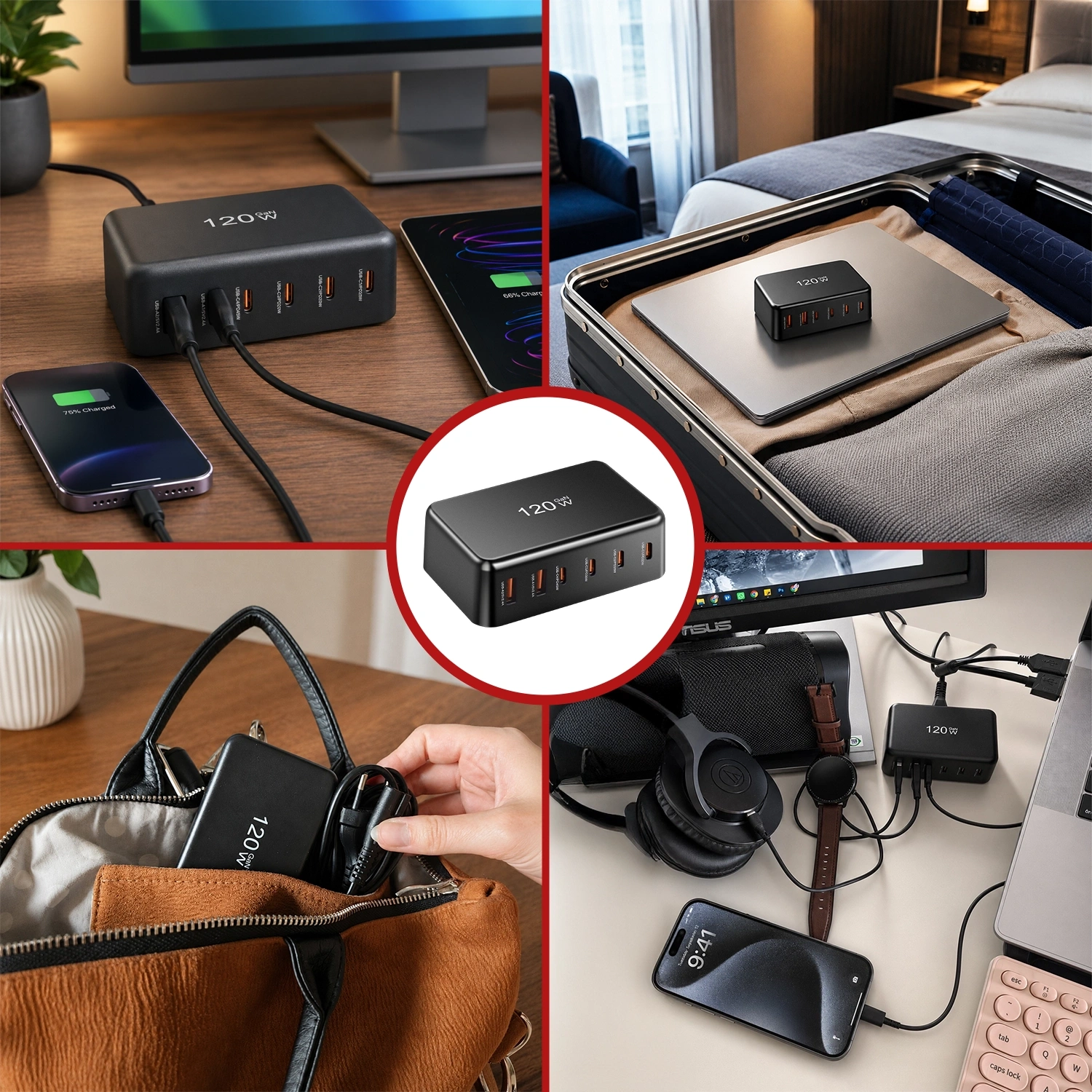Na obrazie widać czarną ładowarkę sieciową z napisem \'120W\', posiadającą sześć portów: cztery USB-C i dwa USB-A. Ładowarka jest przedstawiona w różnych kontekstach użytkowania, takich jak na biurku, w walizce, w torbie i podłączona do urządzeń elektronicznych.