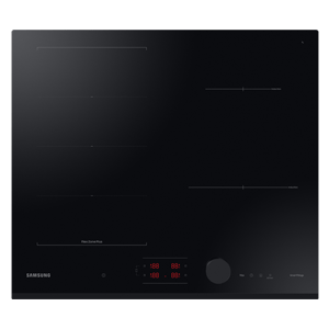 Ilustracja płyty indukcyjnej Samsung Slim Fit NZ64B6058GK w tabeli porównawczej Czarna płyta indukcyjna z czterema strefami grzewczymi, wyświetlaczem cyfrowym i pokrętłem. Widoczne logo: Samsung.