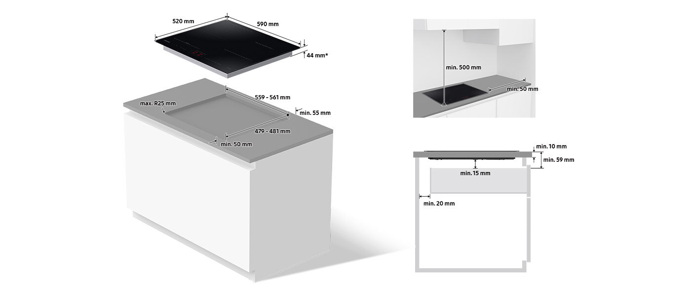 Grafika przedstawia wysokość, szerokość i grubość płyty indukcyjnej Samsung Slim Fit NZ64B5045KK, która dostępna jest w sklepach Media Expert. Obraz przedstawia schemat montażu płyty indukcyjnej z wymiarami: 590 mm szerokości, 520 mm głębokości i 44 mm wysokości. Dodatkowe wymiary to: min. 50 mm od ściany, min. 55 mm od krawędzi blatu, oraz min. 20 mm przestrzeni pod płytą.