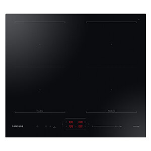 Ilustracja płyty indukcyjnej Samsung Slim Fit NZ64B5066FK w tabeli porównawczej Czarna płyta indukcyjna z czterema polami grzewczymi i panelem dotykowym z czerwonymi wyświetlaczami. Widoczne logo: SAMSUNG.