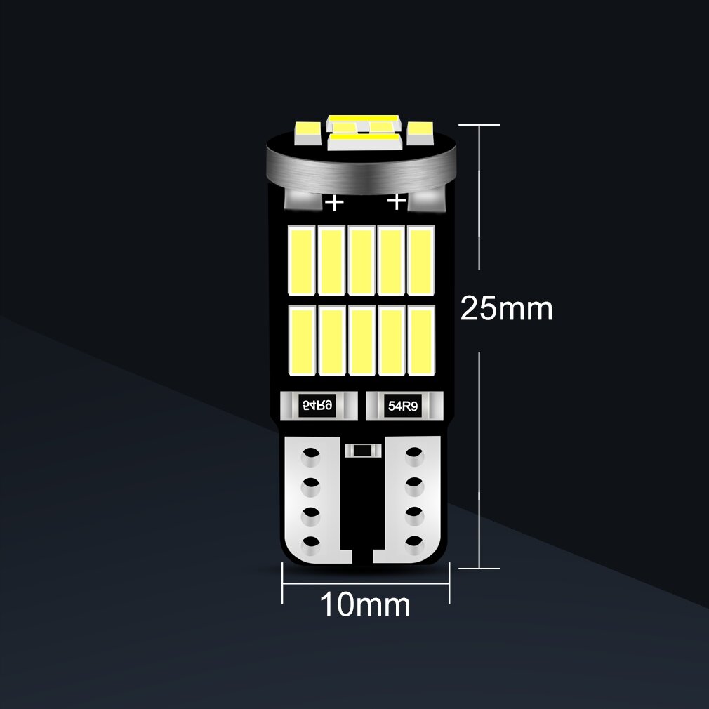 Obraz przedstawia żarówkę LED z oznaczeniami wymiarów: 25 mm wysokości i 10 mm szerokości. Widoczne są żółte diody oraz symbole \'+\' i \'-\', a także napisy \'2H8Q\' i \'54R9\'.