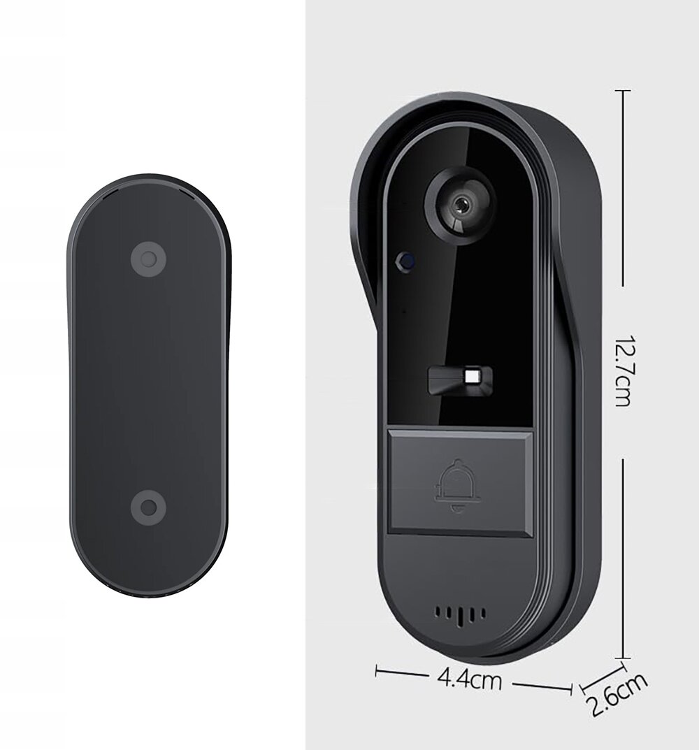 Obraz przedstawia czarny wideodomofon z kamerą i przyciskiem dzwonka. Obok urządzenia widoczne są wymiary: 12.7 cm wysokości, 4.4 cm szerokości i 2.6 cm głębokości.