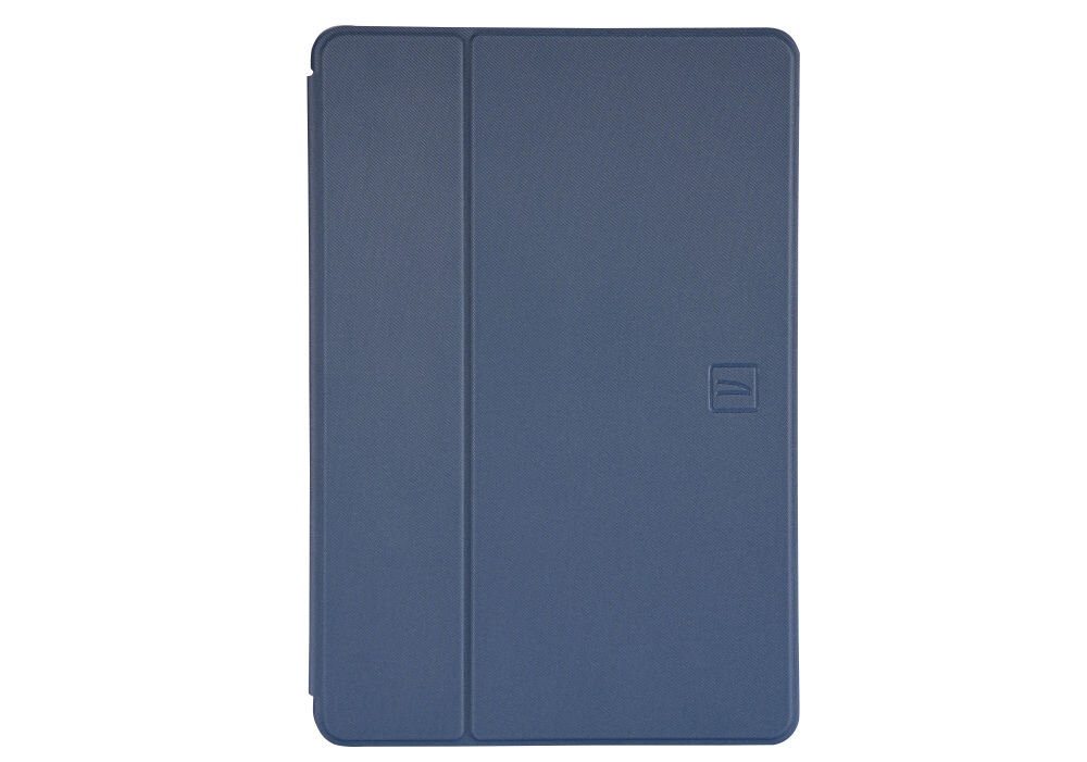 Niebieskie etui na tablet z prostym, eleganckim designem. Na powierzchni widoczne jest logo producenta.