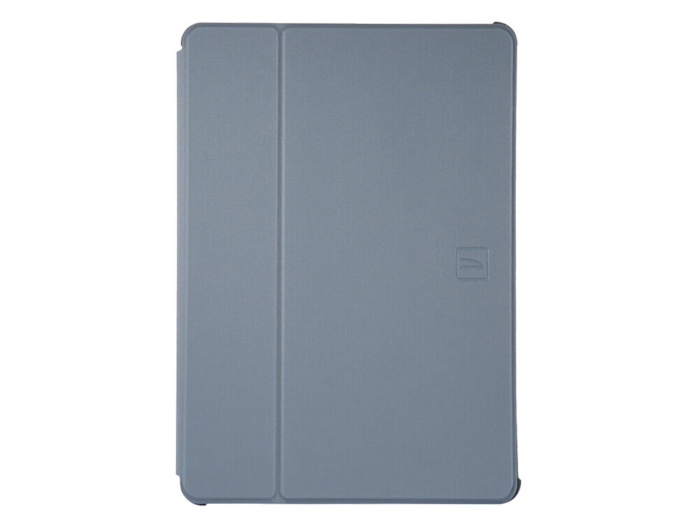 Szare etui na tablet z widocznym logo producenta w formie wytłoczonego symbolu. Etui ma prosty, minimalistyczny design z delikatnymi liniami podziału.