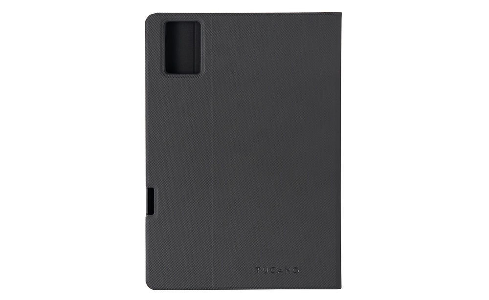 Czarne etui na tablet z wycięciem na aparat i wytłoczonym napisem \'TUCANO\' na dole.