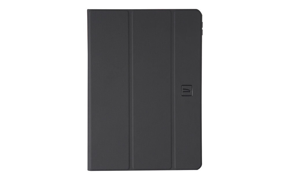 Czarne etui na tablet z trzema pionowymi panelami i małym logo na środku. Etui ma prosty, elegancki design.