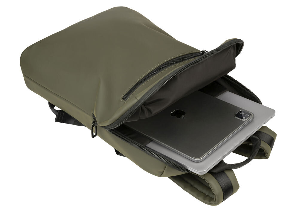 Zielony plecak na laptopa z otwartą komorą, w której znajduje się laptop z widocznym logo w kształcie jabłka. Plecak ma zamek błyskawiczny i regulowane paski na ramiona.