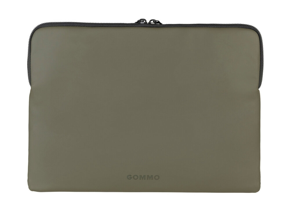 Zielone etui na laptopa z napisem \'GOMMO\' na dole, posiada zamek błyskawiczny na górze.