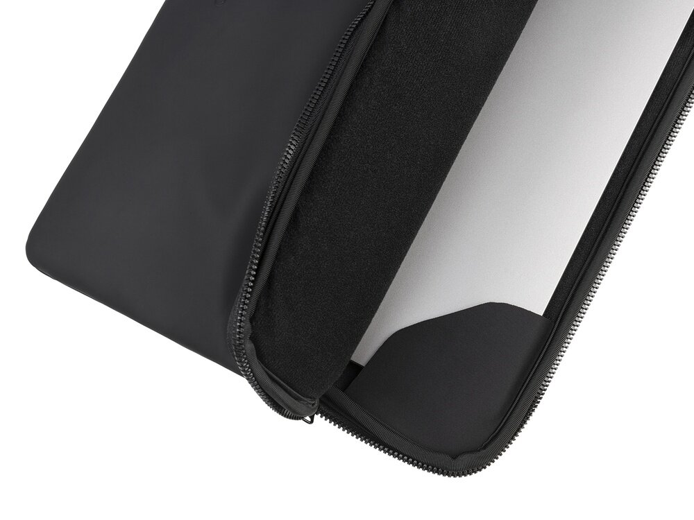 Czarne etui na laptopa z zamkiem błyskawicznym, częściowo otwarte, ukazujące miękkie wnętrze. Produkt przeznaczony na laptopy o rozmiarze 15.6-16 cali.