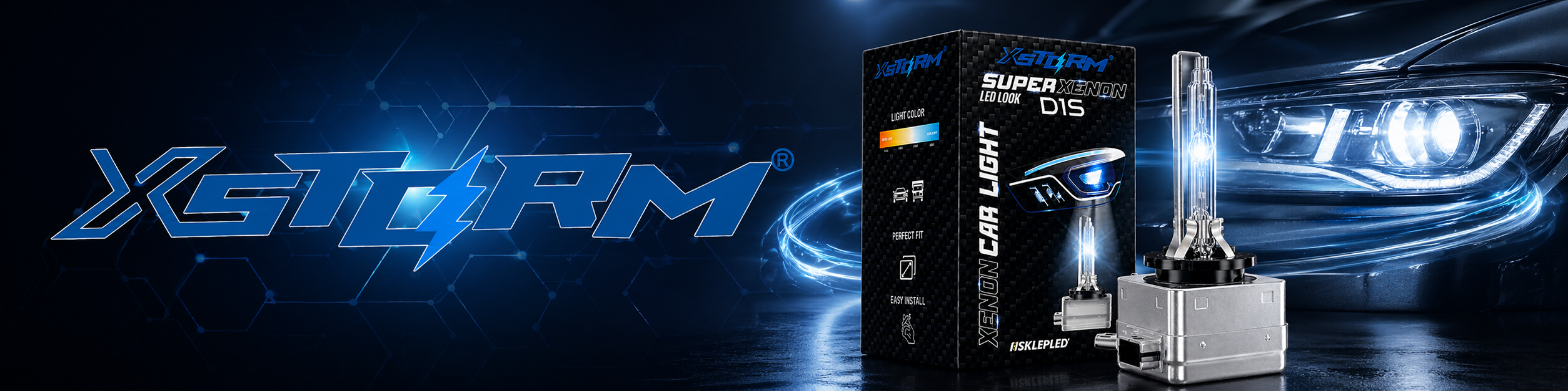 Obraz przedstawia opakowanie produktu z napisem \'XGStorm Super Xenon D1S\' oraz żarnik samochodowy. W tle widoczne jest logo \'XGStorm\' i reflektor samochodowy.