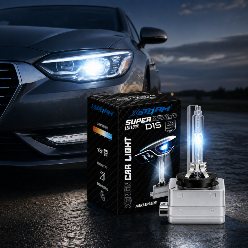 Na obrazie widoczny jest samochód z włączonym reflektorem oraz opakowanie produktu z napisem \'XGStorm Super Xenon LED Look D1S\'. Obok opakowania znajduje się żarnik xenonowy.
